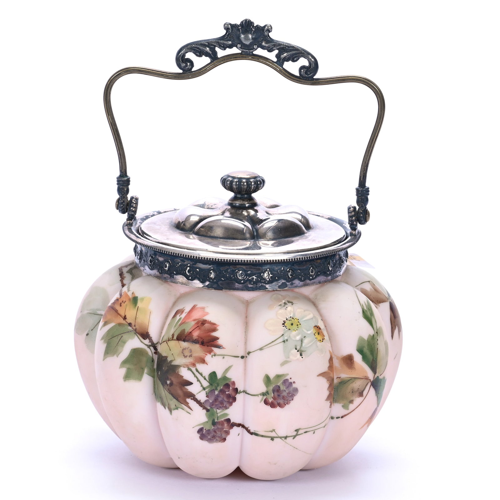Biscuit Jar, Unmarked Mt. Washington, Melon Ribbed: Biscuit Jar, Unmarked Mt. Washington, Melon Ribbed, 6 x 6.75 x 6.75 Inches, Pink Opalware With Branch, Blossom, And Berry Decor, Silverplate Lid And Bail, 2.2 Pounds, John And Doris Carty Estate Colle
