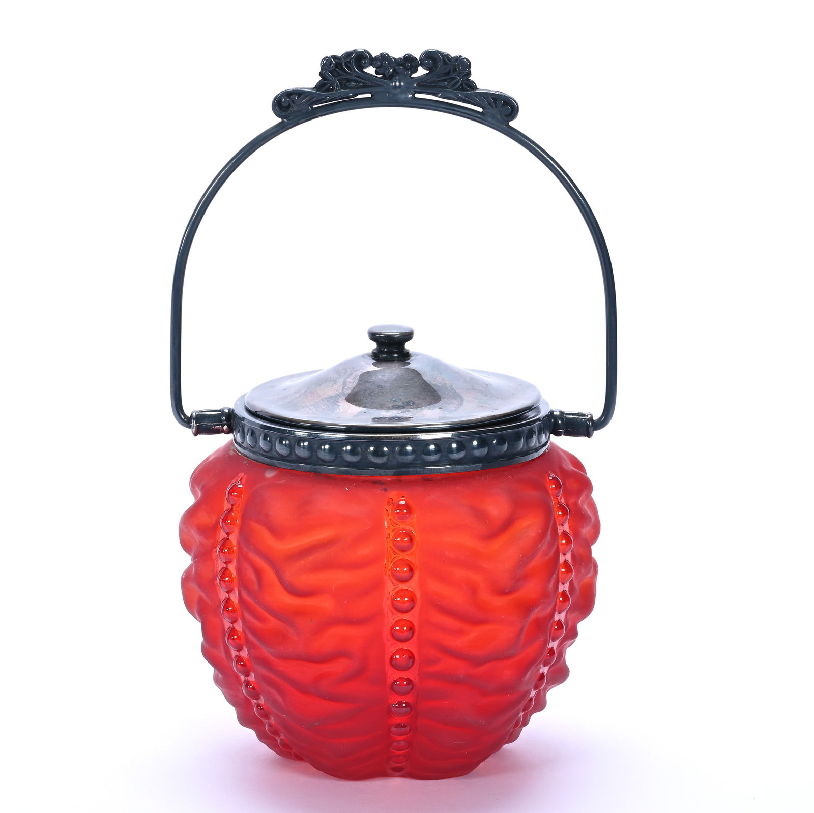 Small Biscuit Jar, Red Satin Beaded Drape Art Glass By Consolidated: Small Biscuit Jar, Red Satin Beaded Drape Art Glass By Consolidated, 5.75 x 5.5 x 5.5 Inches, Silverplate Lid And Bail, 1.2 Pounds, John And Doris Carty Estate Collection, IA, Effective 6/6/26, All Li