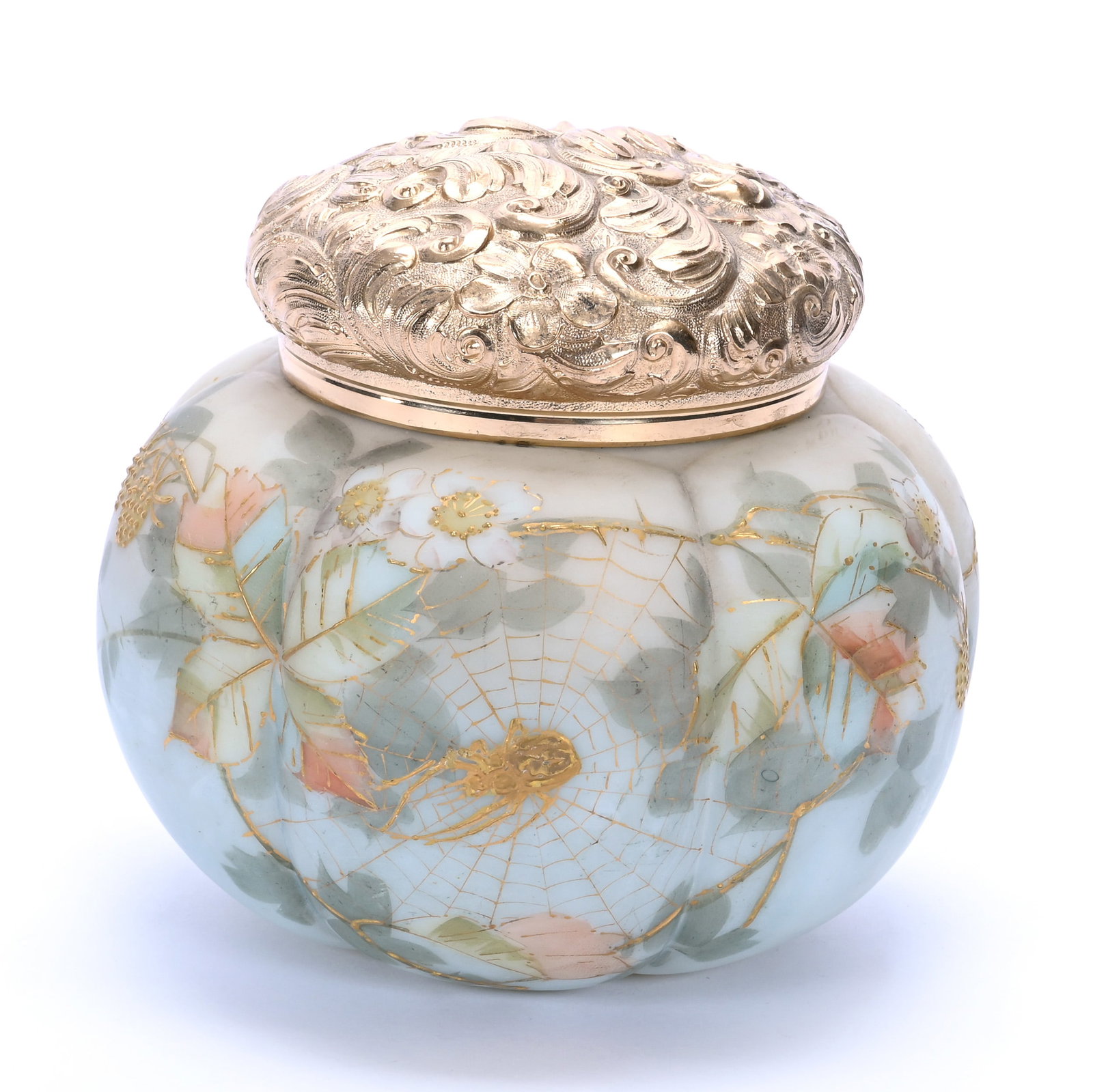 Biscuit Jar, Unmarked Mt. Washington: Biscuit Jar, Unmarked Mt. Washington, 6 x 6.5 x 6.5 Inches, Green, Blue, And Cream Opalware With Spider Web, Branch, And Blossom Decor, Embossed Gilt Silverplate Lid, Nice Example, 1.7 Pounds, John An