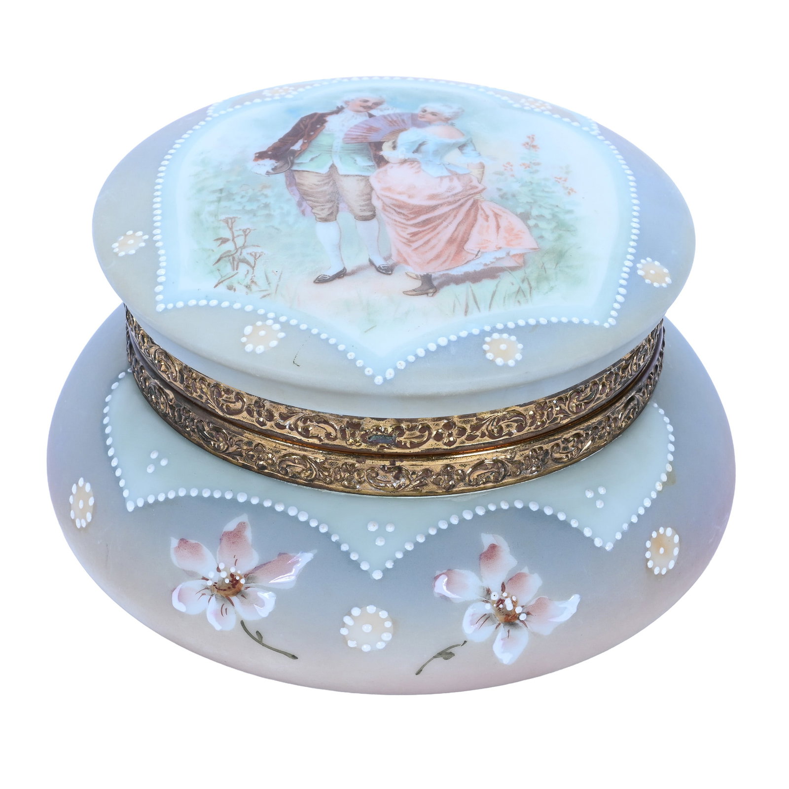 Jewel Box, Marked Nakara: Jewel Box, Marked Nakara, 6 x 6 x 3.5 Inches, Blue And Pink Opalware With Classic Courting Scene Decor, Beveled Mirror Inset Interior Lid, Missing Clasp, 1.8 Pounds, John And Doris Carty Estate Collec