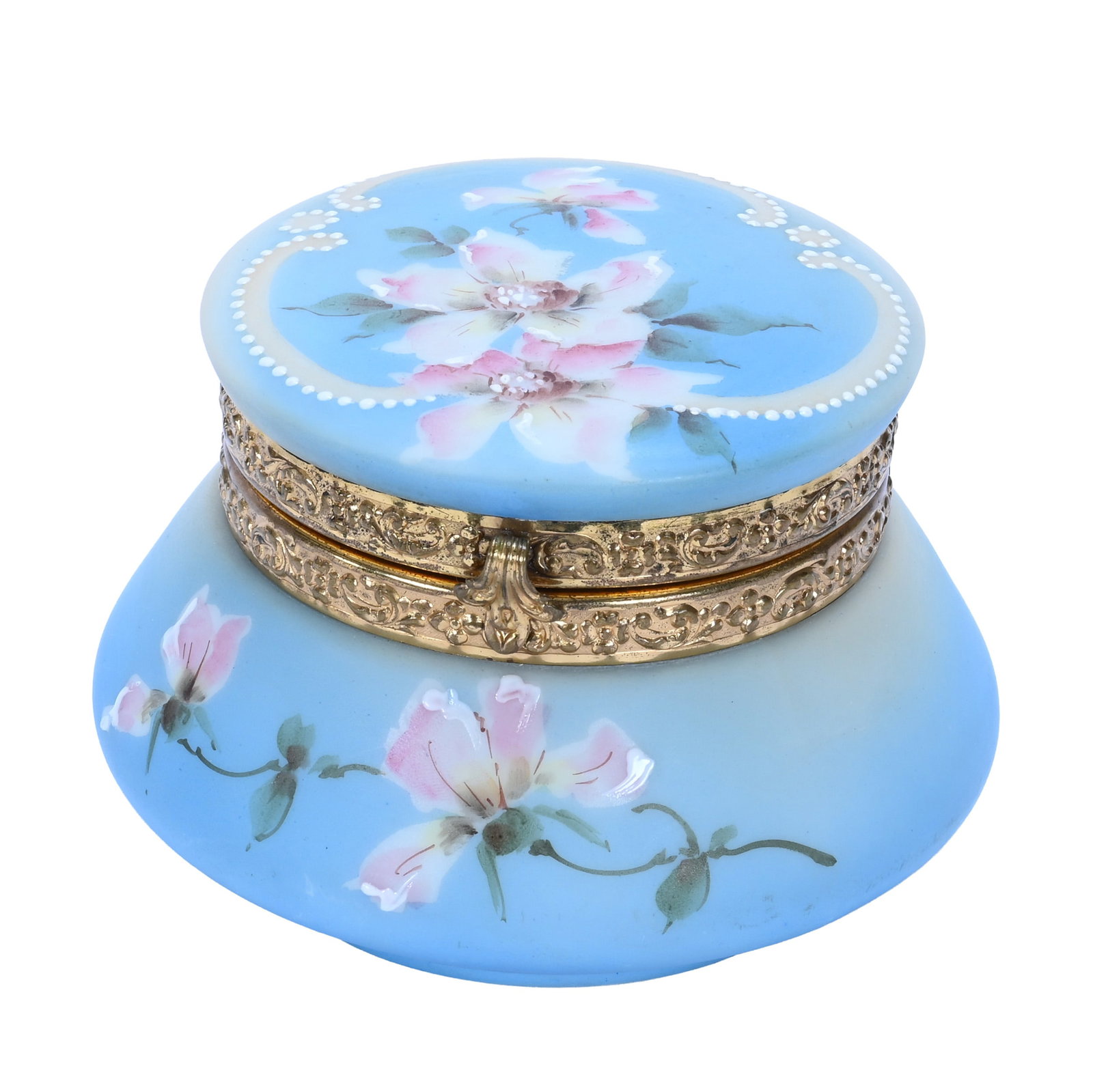 Jewel Box, Marked Nakara: Jewel Box, Marked Nakara, 5 x 5 x 3.5 Inches, Blue And Cream Tones With Pink Floral Decor, Beveled Mirror Interior Lid, Original Lining, 1.1 Pounds, John And Doris Carty Estate Collection, IA, Effecti