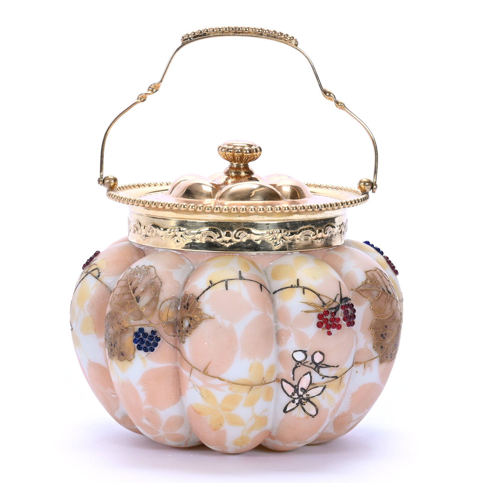 Biscuit Jar, Unmarked Mt. Washington, Melon Ribbed: Biscuit Jar, Unmarked Mt. Washington, Melon Ribbed, 6 1/5 x 6.75 x 6.75 Inches, Pink, Yellow, And White Mottled Ground With Branch, Blossom, And Applied Jewel Berry Decor, Gilt Silverplate Lid And Bai