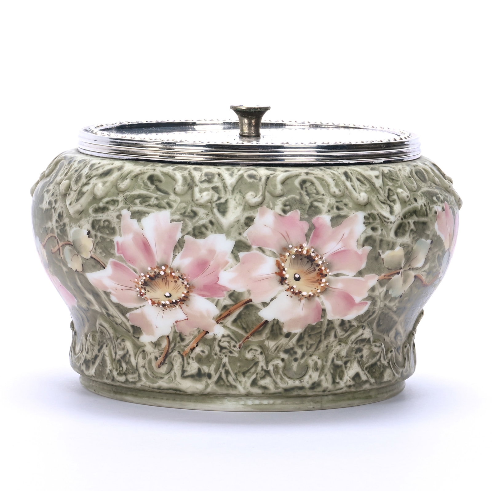 Fern Holder With Lid, Marked Kelva: Fern Holder With Lid, Marked Kelva, 5.25 x 7.75 x 7.75 Inches, Mottled Green Ground With Pink Poppy Decor, Silverplate Rim And Lid, 2.1 Pounds, John And Doris Carty Estate Collection, IA, Effective 6/