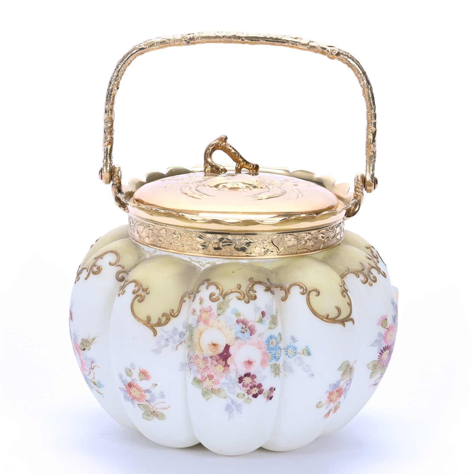 Biscuit Jar, Marked Crown Milano, Melon Ribbed: Biscuit Jar, Marked Crown Milano, Melon Ribbed, 6 x 6.75 x 6.75 Inches, Green Adn White Opalware With Colorful Floral Decor, Gilt Silverplate Embossed Crab Lid And Handle, 1.9 Pounds, John And Doris C