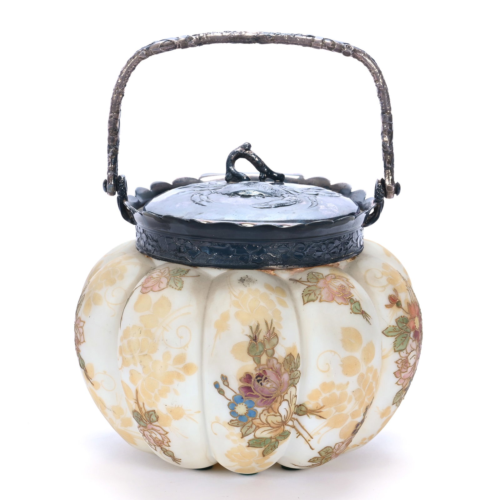 Biscuit Jar, Marked Crown Milano #522, Melon Ribbed: Biscuit Jar, Marked Crown Milano #522, Melon Ribbed, 6 x 6.75 x 6.75 Inches, White And Yellow Opalware With Colorful Floral Decor, Embossed Crab Silverplate Lid And Bail, 2.1 Pounds, John And Doris Ca