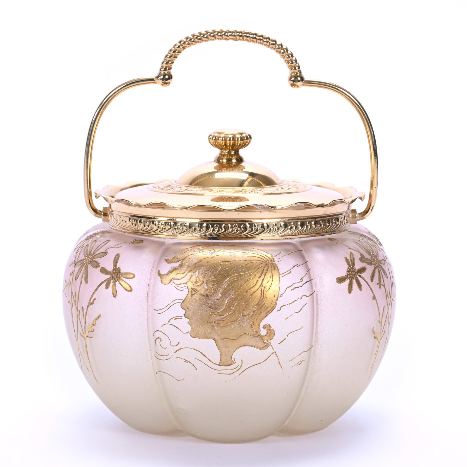 Biscuit Jar, Unmarked Smith Brothers: Biscuit Jar, Unmarked Smith Brothers, 6.25 x 6.75 x 6.75 Inches, Pink Shading To Yellow Frosted Glass With Gold Enamel Silhouette And Floral Decor, Gilt Silverplate Lid And Bail, 2.2 Pounds, John And 