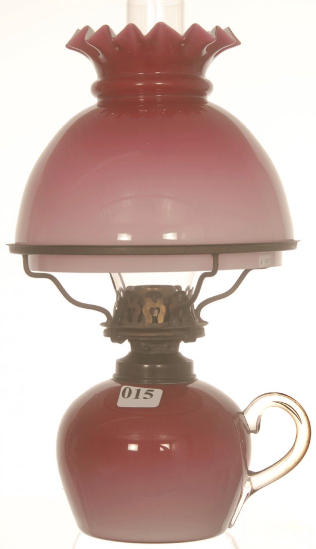 10 3/4" CASED ART GLASS PEACH BLOW KEROSENE LAMP: 10 3/4" CASED ART GLASS PEACH BLOW KEROSENE LAMP CLEAR APPLIED HANDLE - ORIGINAL SHADE - ATTRIBUTED TO THOMAS WEBB ENGLAND