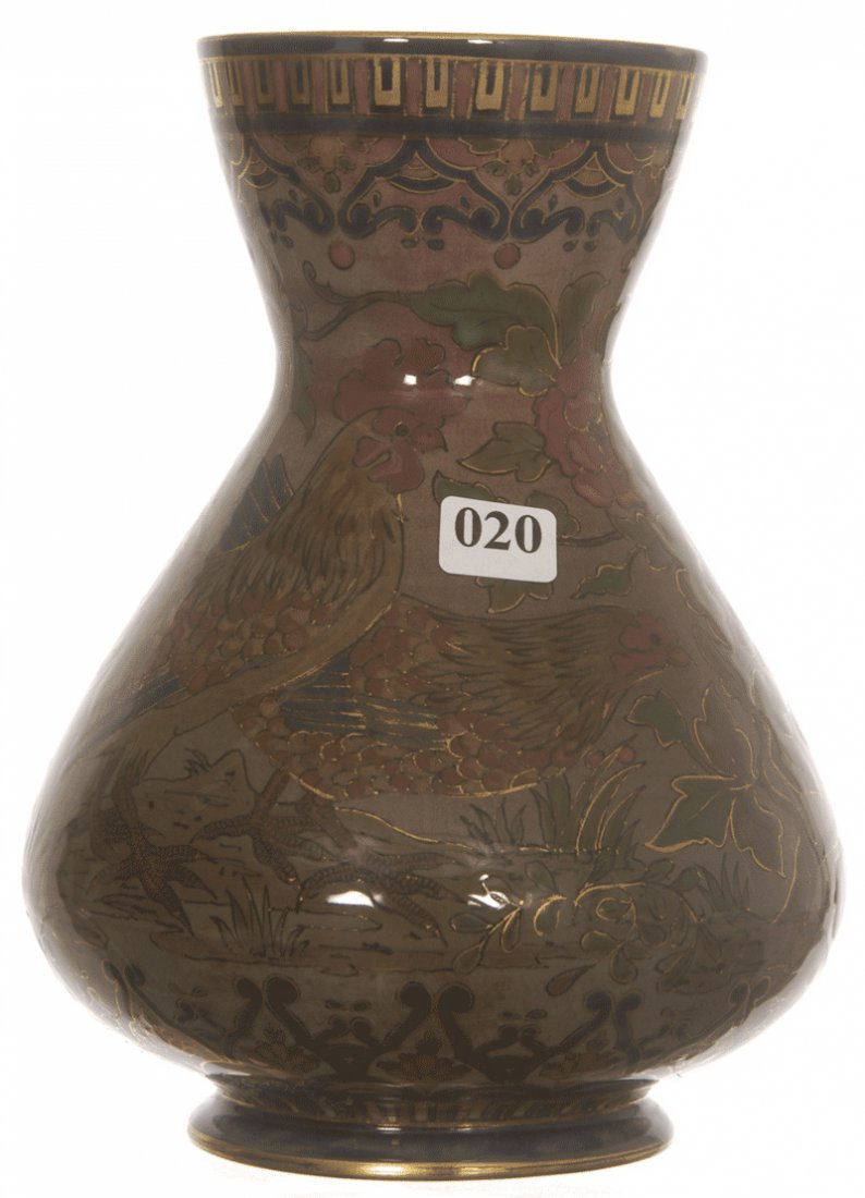 VERY RARE 8 1/2" MARKED ZSOLNAY DECORATED VASE: VERY RARE 8 1/2" MARKED ZSOLNAY DECORATED VASE DARK GRAY BACKGROUND WITH ROOSTER AND HEN DECOR AND PINK FLORAL HIGHLIGHTS - MARK INDICATES CIRCA 1880'S
