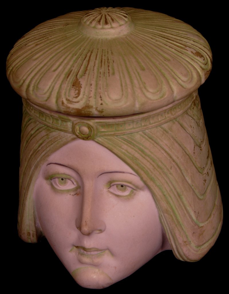 4 1/2" MARKED SCHAFER AND VATER COVERED FIGURAL BOX: 4 1/2" MARKED SCHAFER AND VATER COVERED FIGURAL BOX FEMALE HEAD - PINK AND GREEN TONES