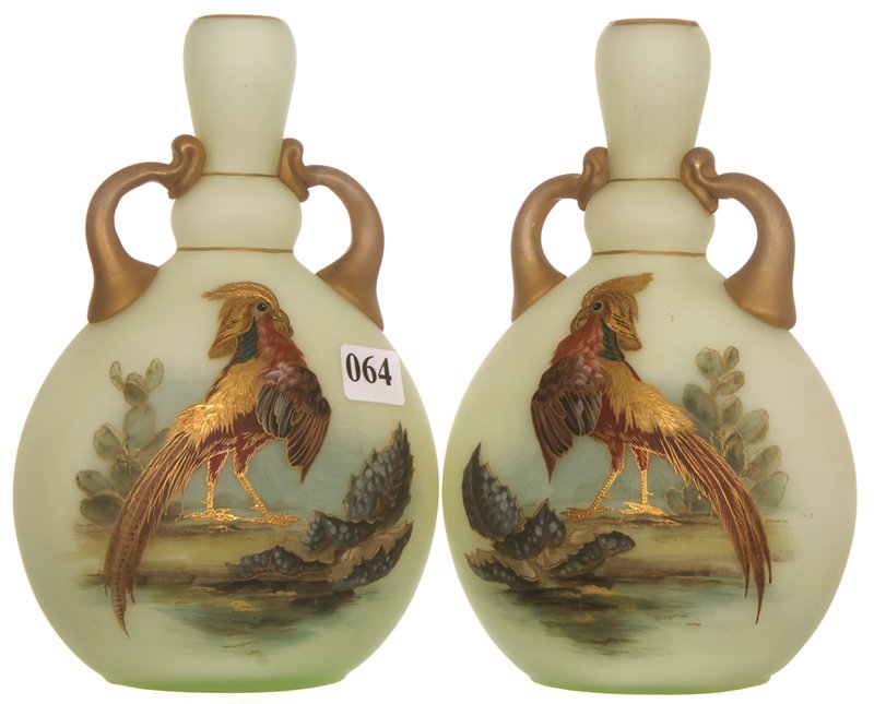 FINE PAIR 7 1/2" GREEN FRENCH OPALINE TWO HANDLED ART G: FINE PAIR 7 1/2" GREEN FRENCH OPALINE TWO HANDLED ART GLASS VASES FEATURES ALTERNATE FACING CHINESE PHEASANTS - GREAT DETAIL - ATTRIBUTED TO JULES BARBE