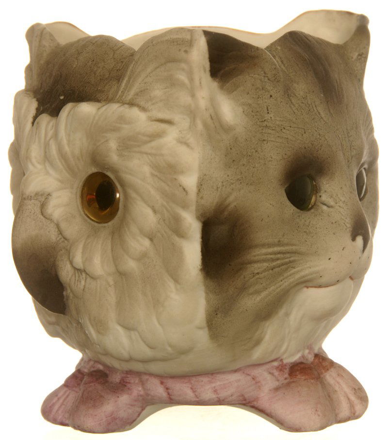 RARE 4" MARKED KPM THREE FACE FAIRY LAMP WITH ORIGINAL: RARE 4" MARKED KPM THREE FACE FAIRY LAMP WITH ORIGINAL GLASS EYES OWL FACE WITH YELLOW EYES; CAT FACE WITH GREEN EYES; DOG FACE WITH AMBER EYES - VERY NICE