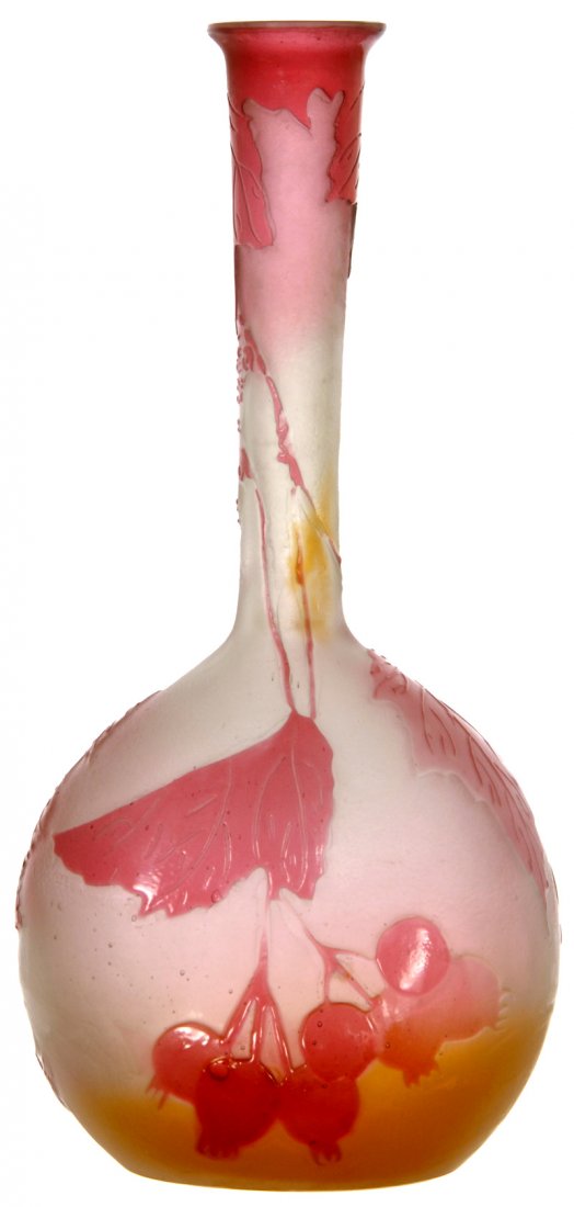 6 1/2" SIGNED *GALLE THREE COLOR FRENCH CAMEO BANJO SHA: 6 1/2" SIGNED *GALLE THREE COLOR FRENCH CAMEO BANJO SHAPED VASE WHITE, YELLOW AND PINK TONES - LEAVES AND BERRY DECOR