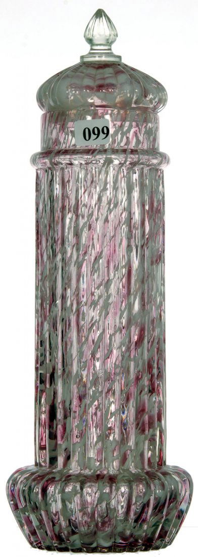 13 1/2" NORTHWOOD CASED ART GLASS PLEATED STRAW HOLDER: 13 1/2" NORTHWOOD CASED ART GLASS PLEATED STRAW HOLDER WITH COVER PINK AND WHITE SPATTER DESIGN - VERY RARE (it has been noted that the lid is likely not original to This piece)