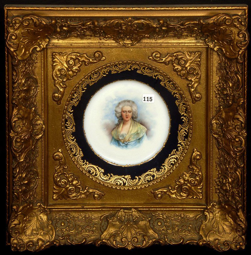 9 1/2" UNMARKED SEVRES STYLE PLATE W/ HAND PAINTED PORT: 9 1/2" UNMARKED SEVRES STYLE PLATE W/ HAND PAINTED PORTRAIT OF WOMAN COBALT BLUE BORDER W/ GOLD ENAMEL TRIM - SET IN 17" GILT WOODEN FRAME