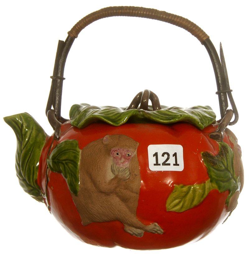 4" X 6" BANKO WARE JAPANESE POTTERY FIGURAL TEAPOT: 4" X 6" BANKO WARE JAPANESE POTTERY FIGURAL TEAPOT PUMPKIN SHAPED W/ EMBOSSED "THREE MONKEYS: SPEAK, HEAR, SEE"