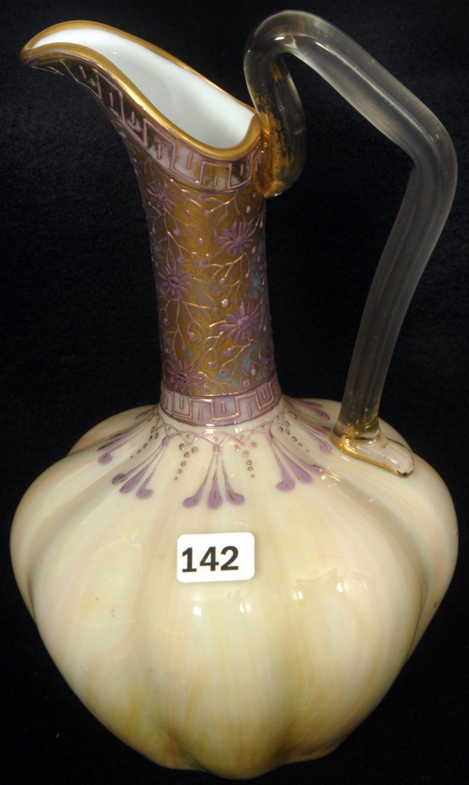 9" LOETZ RAINBOW MARMORIETES HANDLED ART GLASS EWER: 9" LOETZ RAINBOW MARMORIETES HANDLED ART GLASS EWER NICE ENAMEL HIGHLIGHTS - GROUND PONTIL - PRE 1900