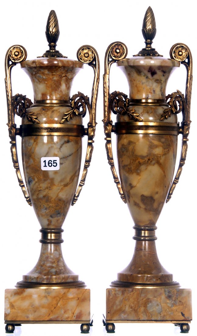 PAIR 15" BRASS AND ONYX URN SHAPED GARNITURES: PAIR 15" BRASS AND ONYX URN SHAPED GARNITURES BROWN ONYX WITH FANCY BRASS FITTINGS