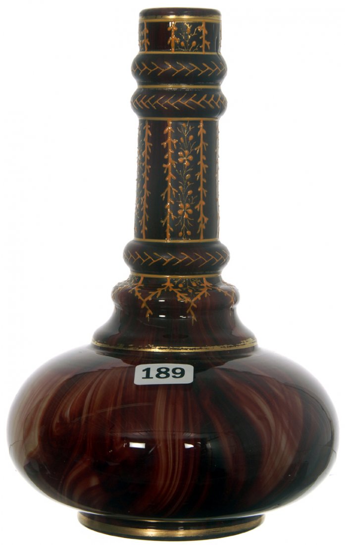 8" LOETZ CARNEOL MARBLE ART GLASS VASE: 8" LOETZ CARNEOL MARBLE ART GLASS VASE ENAMEL HIGHLIGHTS - CIRCA 1890'S