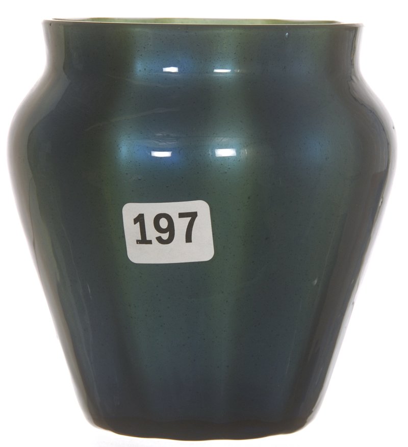 4 1/4" BLUE GREEN ART GLASS METALLIN VASE BY LOETZ: 4 1/4" BLUE GREEN ART GLASS METALLIN VASE BY LOETZ CIRCA 1910