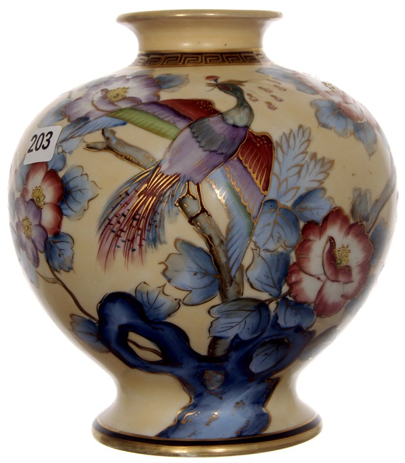 7 1/4" NIPPON (GREEN WREATH MARK) HAND PAINTED VASE: 7 1/4" NIPPON (GREEN WREATH MARK) HAND PAINTED VASE CREAM BACKGROUND WITH TREE BLOSSOM AND PEACOCK DECOR