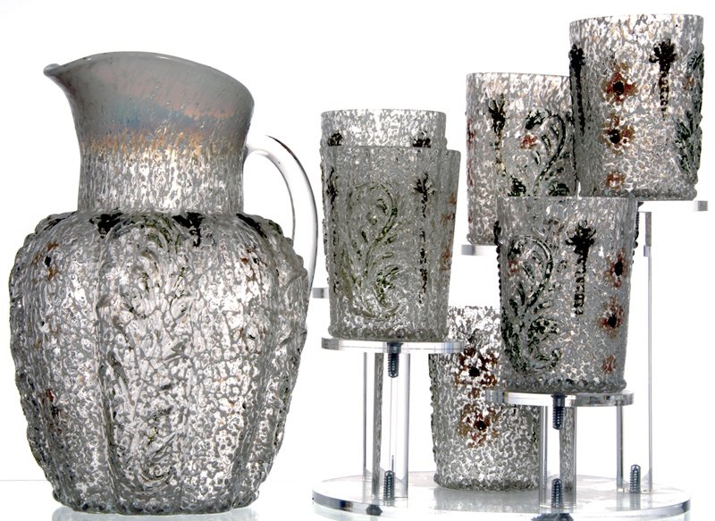 9 1/4" NORTHWOOD PATTERN GLASS "PANEL SPRIG" WATER SET: 9 1/4" NORTHWOOD PATTERN GLASS "PANEL SPRIG" WATER SET RARE GRANITE WARE SPATTERING - (6) TUMBLERS