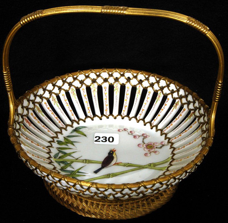 6 1/4" X 7" RETICULATED PORCELAIN BOWL/BASKET: 6 1/4" X 7" RETICULATED PORCELAIN BOWL/BASKET WHITE WITH ENAMEL BIRD, BRANCH AND BLOSSOM DECOR - GILT METAL HANDLE INTRICATELY WRAPPED WITH MATCHING BASE - POSSIBLY FRENCH - UNKNOWN BLUE MARK
