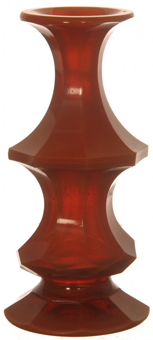 5 1/2" ORANGE MARBLE FACETED CUT CORSET SHAPED VASE: 5 1/2" ORANGE MARBLE FACETED CUT CORSET SHAPED VASE ATTRIBUTED TO EARLY BOHEMIAN GLASS - SELLS WITH GLASS GLOBE AND STAND
