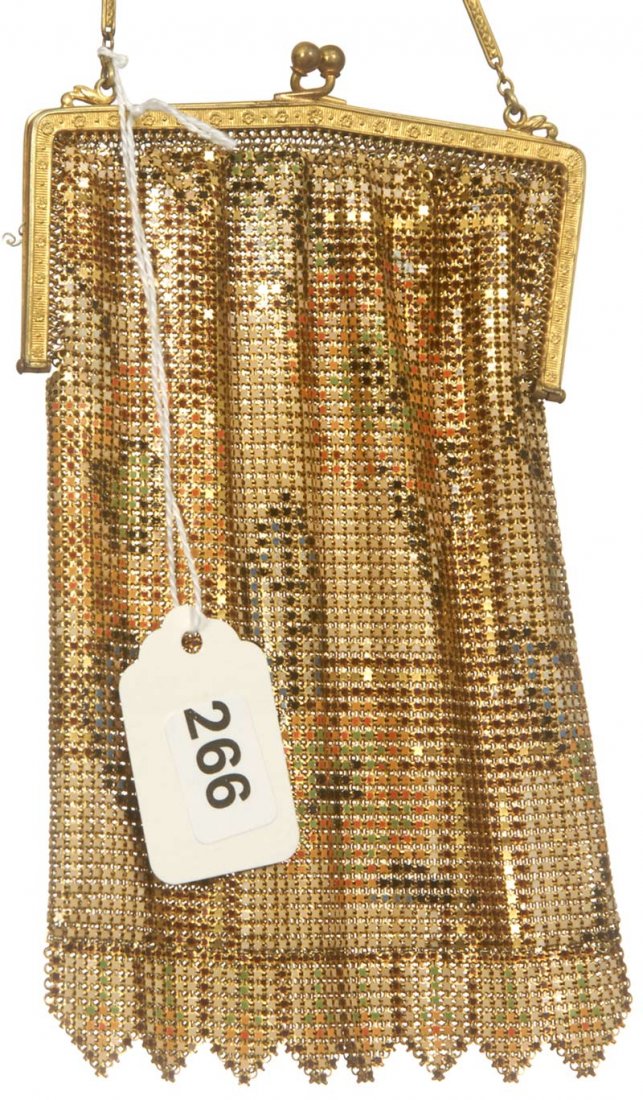 6 1/2" X 3 3/4" WHITING & DAVIS MESH ART DECO LADIES HA: 6 1/2" X 3 3/4" WHITING & DAVIS MESH ART DECO LADIES HAND BAG GOLD, ORANGE, PINK, BLUE AND MAROON FLORAL DESIGN