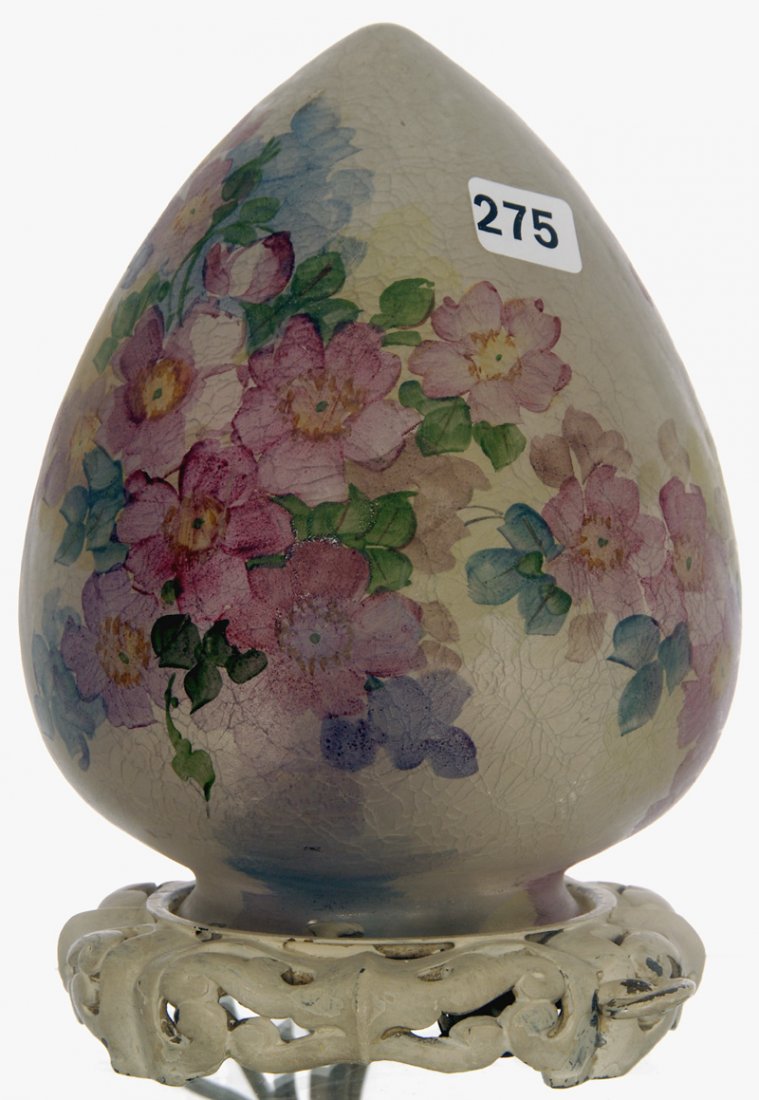 7 1/2" MARKED HANDEL #2708 ART GLASS TEAR DROP SHAPED L: 7 1/2" MARKED HANDEL #2708 ART GLASS TEAR DROP SHAPED LAMP SHADE SET ON IRON BASE - WHITE WITH HAND PAINTED FLORAL BLOSSOM DECOR - ONE MINOR RIM CHIP
