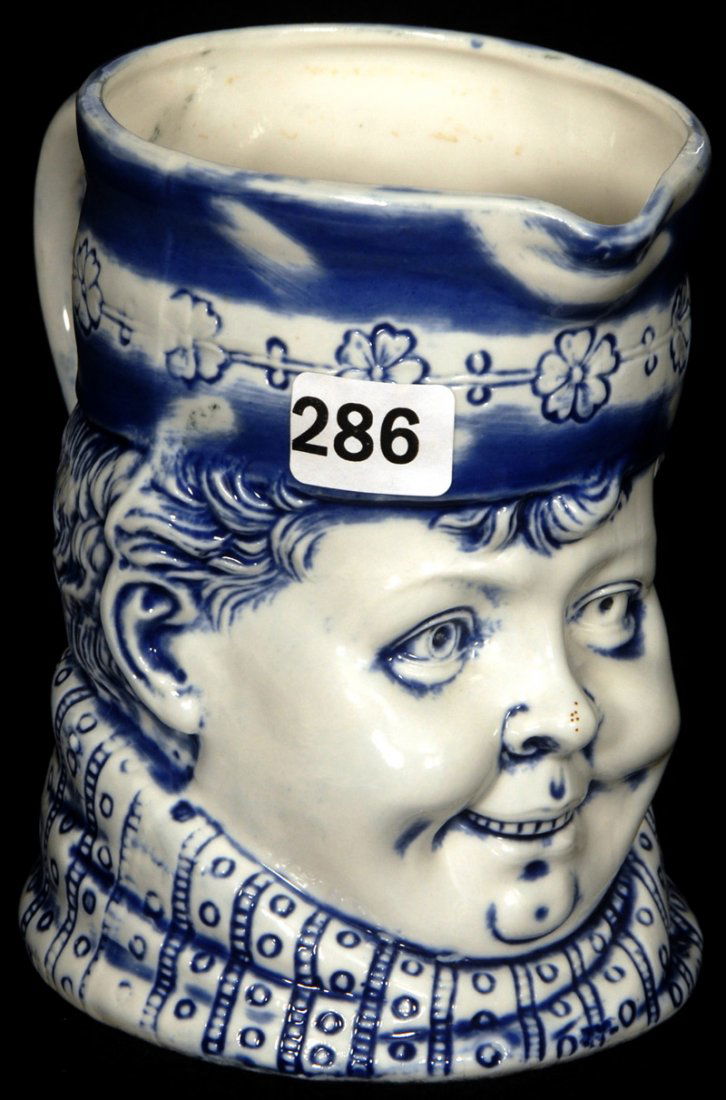 5" MARKED SCHAFER AND VATER BLUE AND WHITE FIGURAL PITC: 5" MARKED SCHAFER AND VATER BLUE AND WHITE FIGURAL PITCHER SMILING DUTCH BOY