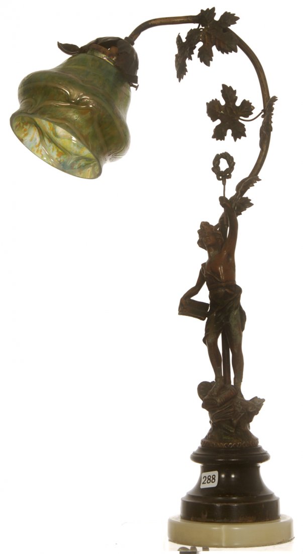 21" FIGURAL DESK LAMP: 21" FIGURAL DESK LAMP SPELTER FIGURE REPRESENTING THE ARTS ON WHITE ONYX BASE - IRIDESCENT GREEN LOETZ ART GLASS SHADE - FIGURE WITH REPAIR AT ANKLES