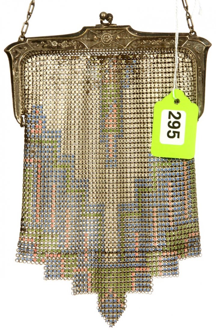 7 3/4" X 4 3/4" WHITING & DAVIS ART DECO MESH LADIES HA: 7 3/4" X 4 3/4" WHITING & DAVIS ART DECO MESH LADIES HAND BAG WHITE, BLUE, PINK AND GREEN DESIGN