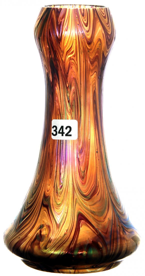 8 1/4" UNMARKED LOETZ STYLE CORSET SHAPED VASE: 8 1/4" UNMARKED LOETZ STYLE CORSET SHAPED VASE HIGHLY IRIDESCENT GREEN AND LAVENDER SWIRL DESIGN
