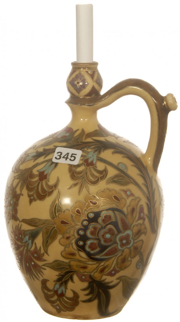 8 1/2" MARKED ZSOLNAY PECS DECORATIVE POTTERY JUG: 8 1/2" MARKED ZSOLNAY PECS DECORATIVE POTTERY JUG YELLOW BACKGROUND WITH COLORFUL HUNGARIAN FLORAL DECOR - CIRCA 1873 - NICE CONDITION