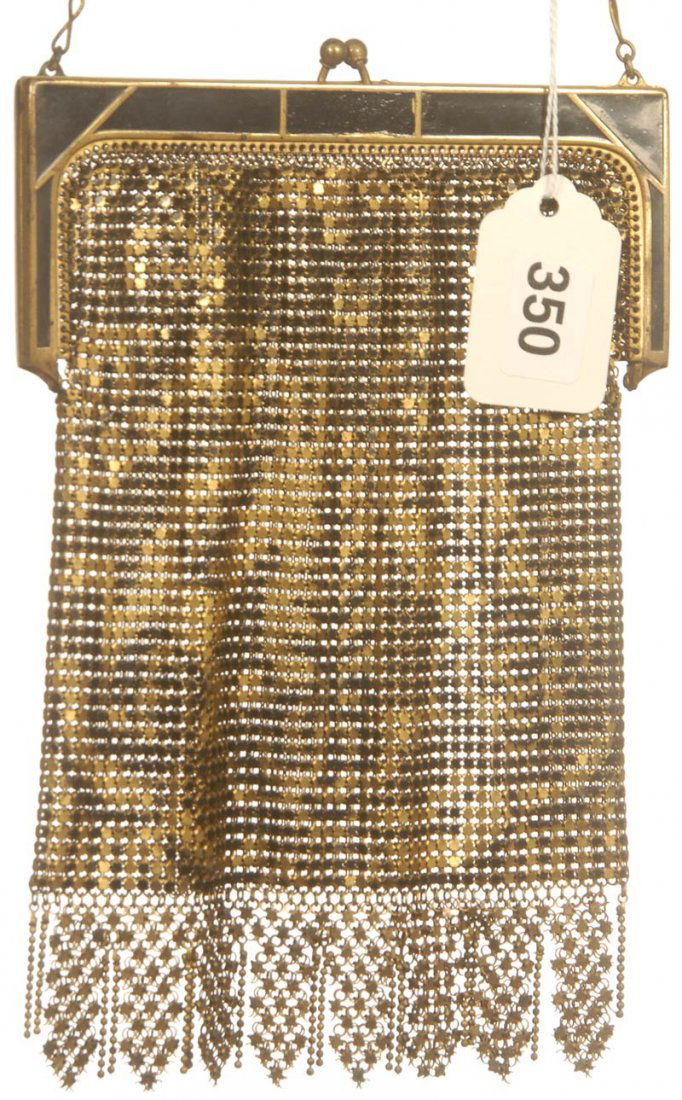 6" X 4 1/2" WHITING & DAVIS ART DECO MESH LADIES HAND B: 6" X 4 1/2" WHITING & DAVIS ART DECO MESH LADIES HAND BAG BLACK AND GOLD DESIGN