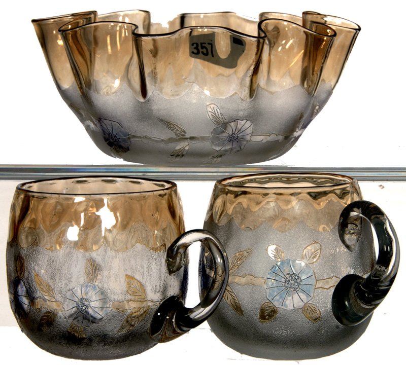 (3) POMONA ART GLASS DECORATED CORN FLOWER SECOND GRIND: (3) POMONA ART GLASS DECORATED CORN FLOWER SECOND GRIND ITEMS (1) 5 1/4" FINGER BOWL; (2) PUNCH CUPS