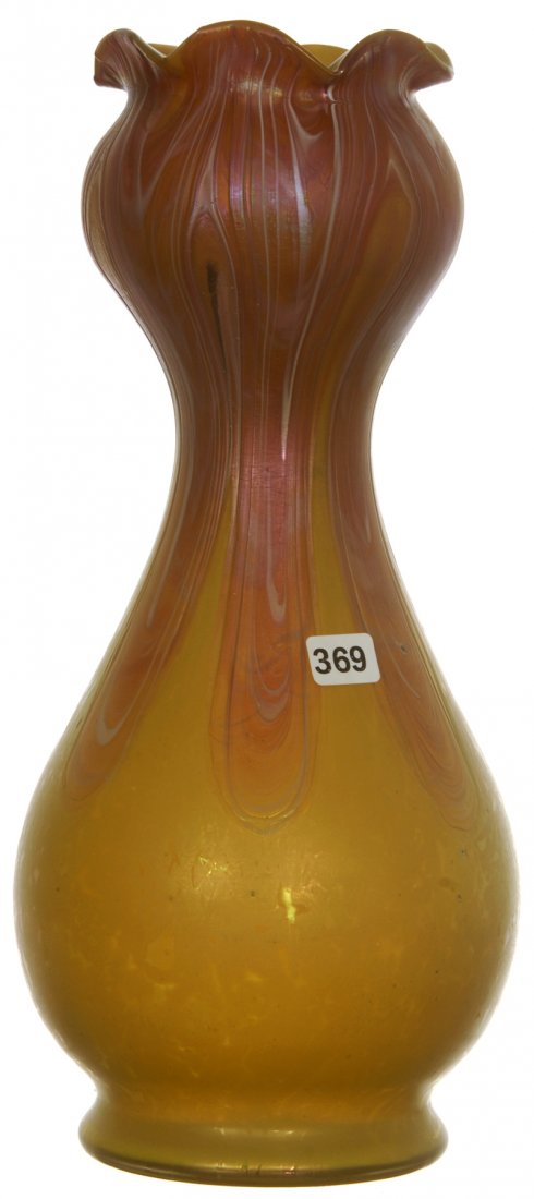 13 3/4" UNMARKED LOETZ STYLE GOURD SHAPED VASE: 13 3/4" UNMARKED LOETZ STYLE GOURD SHAPED VASE IRIDESCENT YELLOW AND ORANGE PULLED LOOP DESIGN