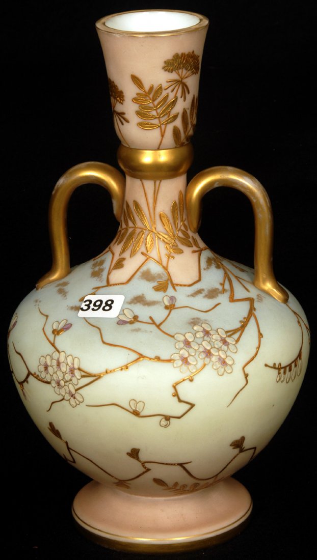 10 3/4" TWO HANDLED OPAL WARE PEDESTAL ART GLASS VASE: 10 3/4" TWO HANDLED OPAL WARE PEDESTAL ART GLASS VASE BLUE AND PINK TONES WITH GOLD ENAMEL AND WHITE BLOSSOM DECOR - ATTRIBUTED TO WEBB