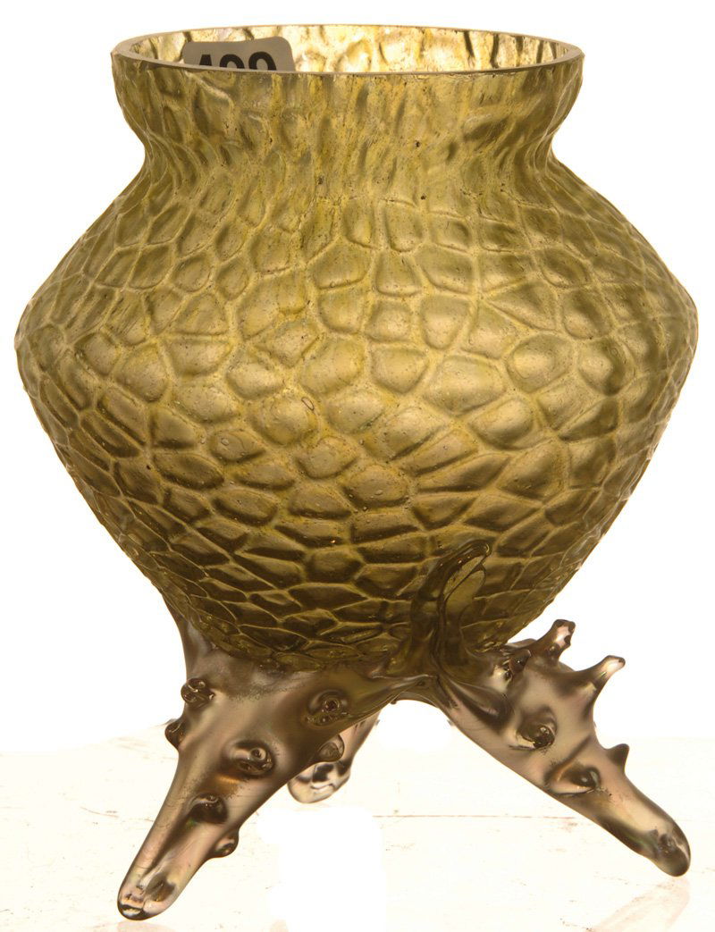 5 1/2" LOETZ STYLE THREE FOOTED VASE: 5 1/2" LOETZ STYLE THREE FOOTED VASE YELLOW MOON CRATER DESIGN WITH GOLD IRIDESCENT THORN FEET