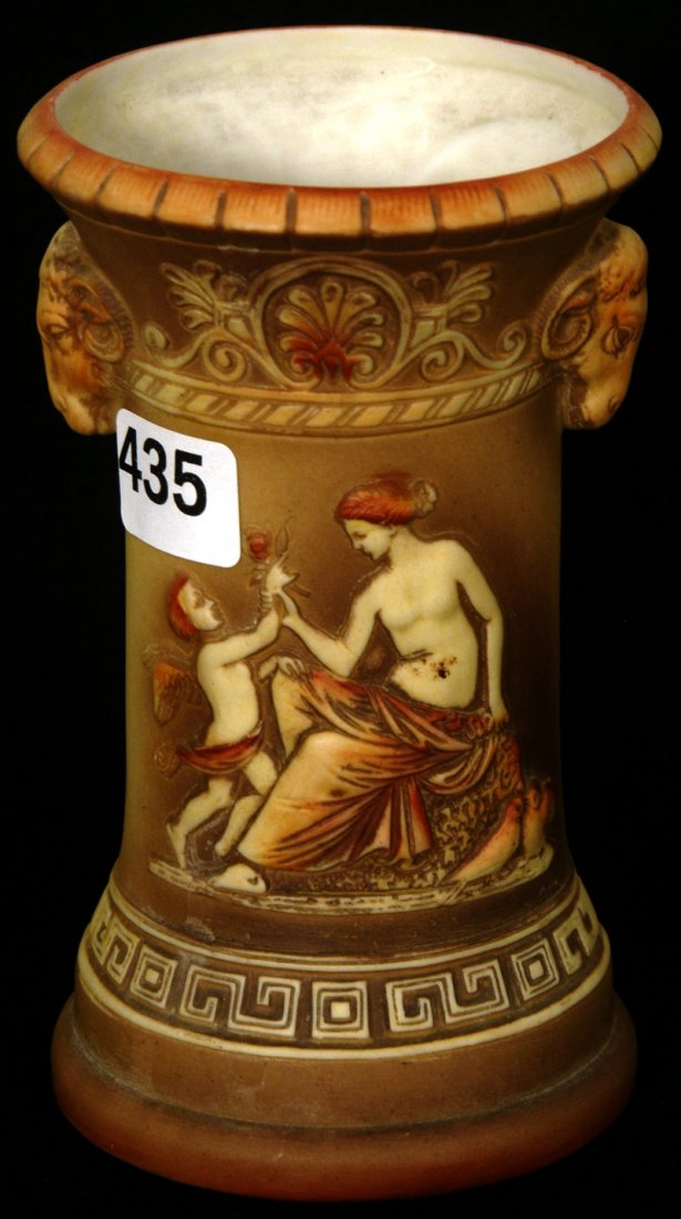 5 1/4" MARKED SCHAFER & VATER CORSET SHAPED VASE: 5 1/4" MARKED SCHAFER & VATER CORSET SHAPED VASE BROWN TONES - EMBOSSED WOMAN AND CHERUB SCENIC DECOR