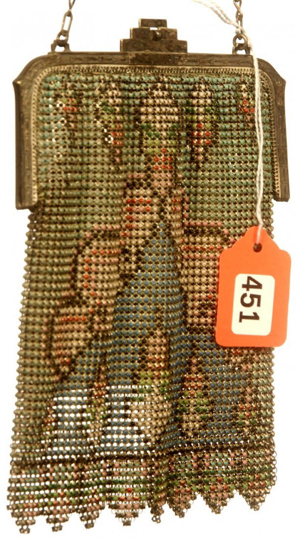 6 1/2" X 4 1/2" ART DECO MESH LADIES HAND BAG: 6 1/2" X 4 1/2" ART DECO MESH LADIES HAND BAG BLUE, PINK, WHITE AND GREEN DESIGN