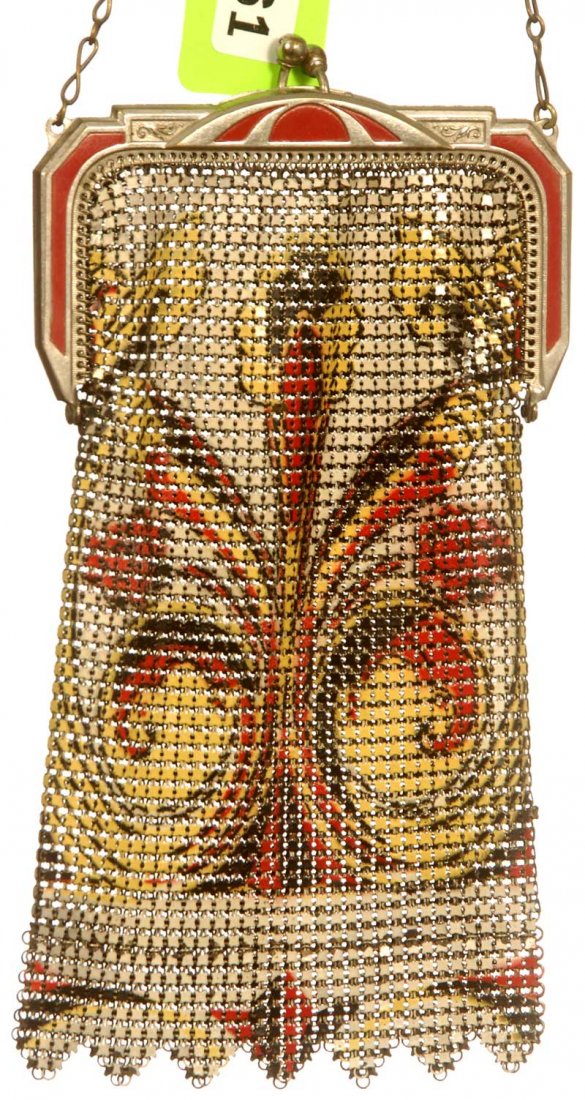 6 3/4" X 3 1/4" WHITING & DAVIS MESH ART DECO LADIES HA: 6 3/4" X 3 1/4" WHITING & DAVIS MESH ART DECO LADIES HAND BAG WHITE, YELLOW, RED AND BLACK DESIGN - RED CLASP HIGHLIGHTS