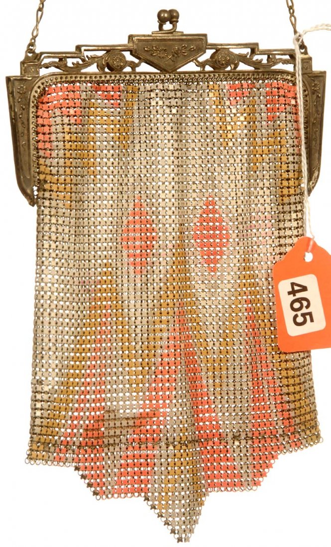 7 1/2" X 4 3/4" WHITING & DAVIS MESH ART DECO LADIES HA: 7 1/2" X 4 3/4" WHITING & DAVIS MESH ART DECO LADIES HAND BAG WHITE, GOLD AND PINK DESIGN
