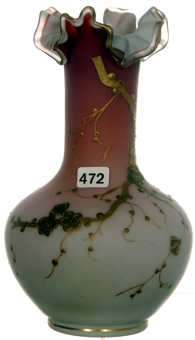 9" WEBB PINK SATIN ART GLASS VASE: 9" WEBB PINK SATIN ART GLASS VASE GOLD ENAMEL BRANCH, BLOSSOM AND BUTTERFLY DECOR