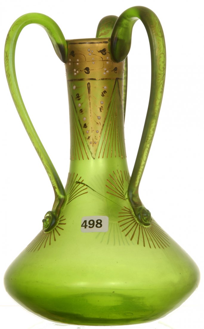 10" UNMARKED LOETZ GREEN IRIDESCENT THREE HANDLE VASE: 10" UNMARKED LOETZ GREEN IRIDESCENT THREE HANDLE VASE GOLD STENCIL HIGHLIGHTS - HARD TO SEE HANDLE FLAW