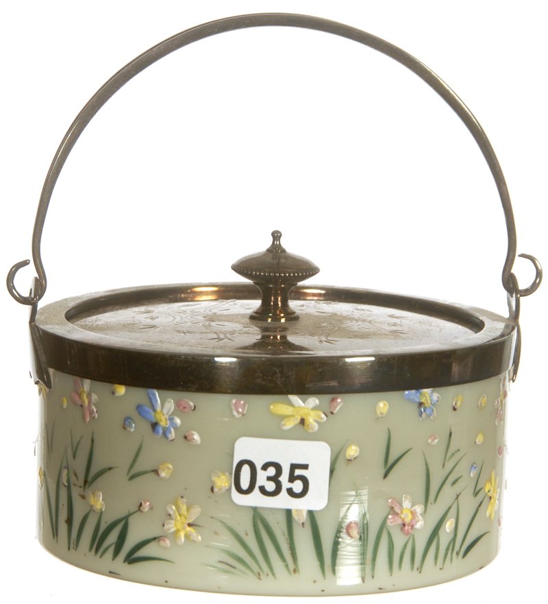 3" X 4 3/4" OPALINE ART GLASS SWEETMEAT: 3" X 4 3/4" OPALINE ART GLASS SWEETMEAT ENAMELED FLORAL DECOR W/ SILVERPLATE LID & BAIL