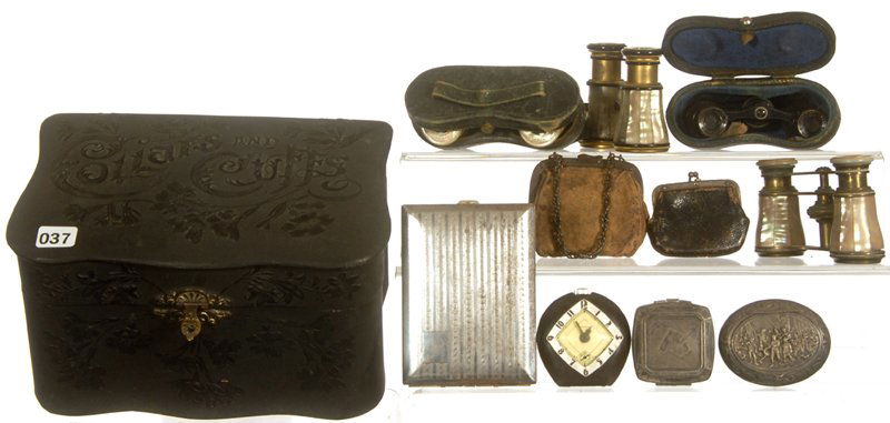 5" X 8 1/2" EBONY COLLARS & CUFFS BOX FULL OF VICTORIAN: 5" X 8 1/2" EBONY COLLARS & CUFFS BOX FULL OF VICTORIAN ITEMS (4) OPERA GLASSES W/ THREE FEATURING PEARL HIGHLIGHTS; NUMEROUS BAGS AND POUCHES - VIEW PHOTO FOR DETAILS - LID TO BOX NEEDS ADHESIVE