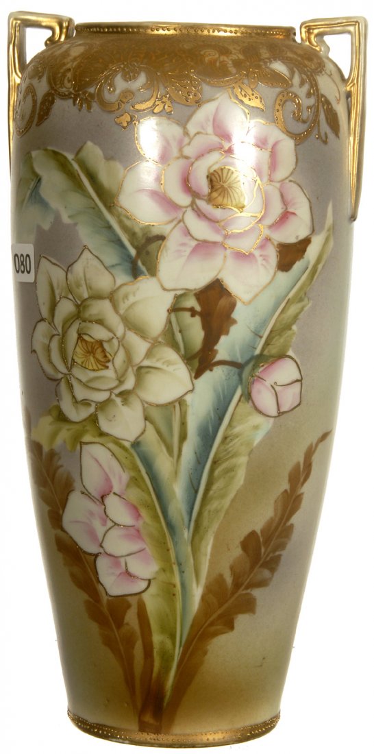 12" MARKED IMPERIAL NIPPON TWO HANDLED VASE: 12" MARKED IMPERIAL NIPPON TWO HANDLED VASE BLUE/GREEN BACKGROUND W/ FLORAL DECOR - GOLD TRIM HIGHLIGHTS