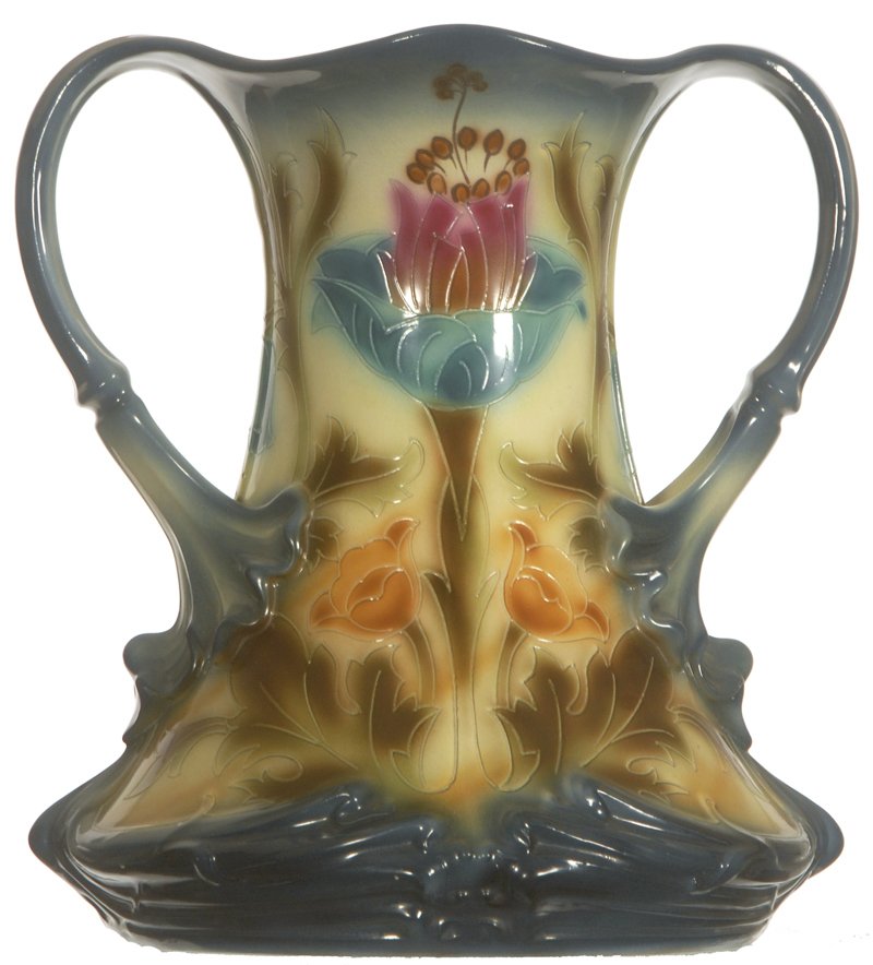 RARE! 11 1/2" MARKED ROYAL BONN, TWO HANDLED ART NOUVEA: RARE! 11 1/2" MARKED ROYAL BONN, TWO HANDLED ART NOUVEAU STYLE VASE BLUE, YELLOW, PINK & ORANGE TONES W/ TULIP DECOR - NICE!
