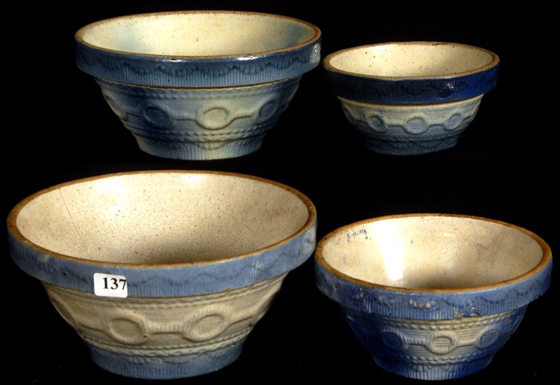 4" X 8" BLUE & WHITE STONEWARE STACKABLE BOWL SET: 4" X 8" BLUE & WHITE STONEWARE STACKABLE BOWL SET EMBOSSED RING DESIGN - BOWLS INCLUDE: 8", 7", 6" & 5"